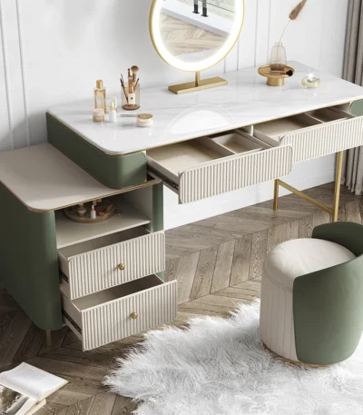 Modern dressing table set with two drawers, mirror, and stool in a bedroom setting