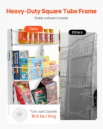Over the door pantry organizer with 10 tiers holding spices and cans on a white door