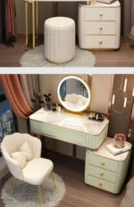 French white wooden dressing table with mirror and stool in a modern bedroom setting