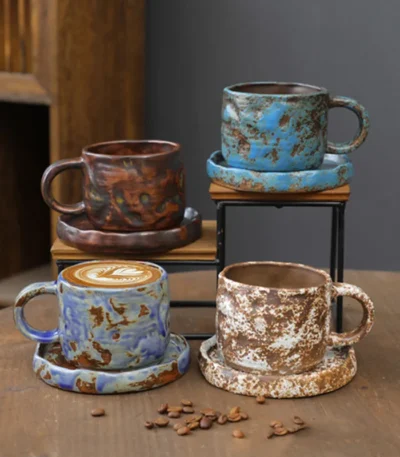 Japanese Ceramic Coffee Mug Saucer Vintage Stoneware Breakfast Oat Mug Creative Afternoon Camellia Flower Tea Cup Home Water