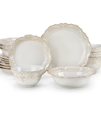 MALACASA 16/32 Piece Plates Dinner Sets Relief White Stoneware Dinnerware Set with 4 PCS Dinner Plate/Dessert/Cereal