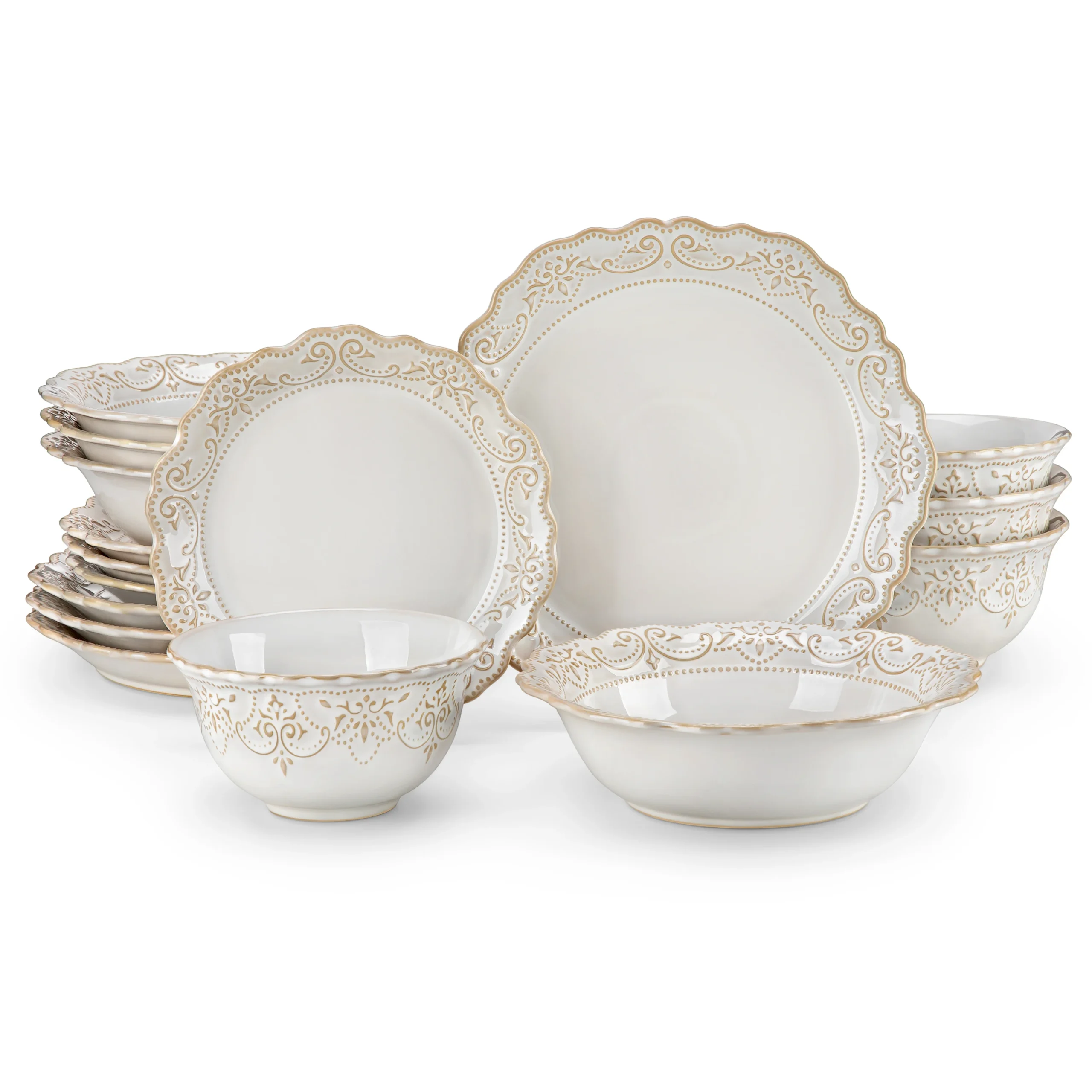Elegant white stoneware dinner set with dinner plates, dessert plates, cereal bowls, and soup bowls on a wooden table