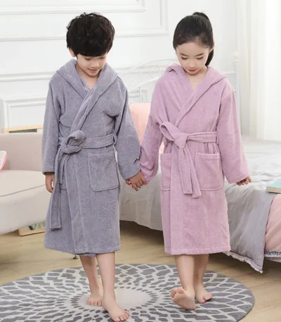 Children Bathrobe 100% Cotton Thickened Soft Hooded Belted Towel Robe for Boys Girls Aged 2-12 Years