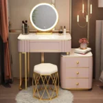 French white wooden dressing table with mirror and stool in a modern bedroom setting