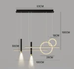 Modern linear pendant light with three gold shades above a kitchen island.
