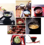Japanese style ramen bowl set with melamine bowls, spoons, and noodle cups on a table
