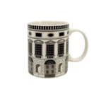 Large ceramic coffee mug with architecture house design on white background