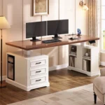 Farmhouse Electric Standing Desk, 63" Height Adjustable Computer Desk with 3 Drawers, Storage Shelves, Customized – angled