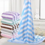 Hotel beauty salon quick-drying beach towel home soft absorbent face towel striped coral fleece bath towel – side view
