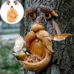 Tree Face Bird Feeder Outdoor, Eyes Glow in Dark Fun Old Man Tree Hugger Sculpture Yard Art Garden Lawn Ornament Decoration