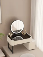 Modern minimalist dressing table with storage shelf for makeup organization in a bedroom