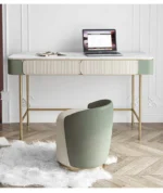 Modern dresser with mirror and stool – 2-drawer makeup vanity table in a minimalist bedroom setting