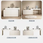 White minimalist wood dresser with mirror and stool in modern bedroom setting