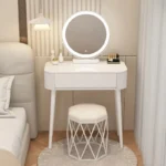 Modern storage vanity table with mirror and stool featuring multiple drawers for bedroom organization