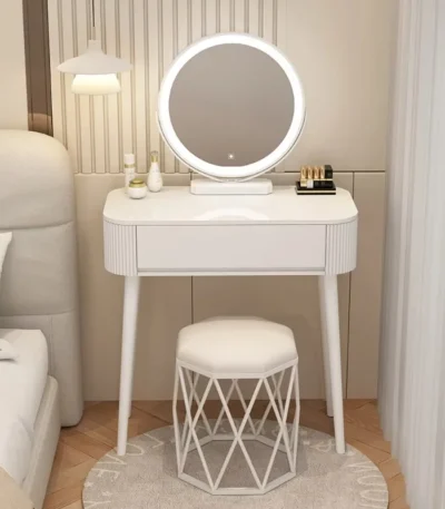 Modern storage vanity table with mirror and stool featuring multiple drawers for bedroom organization
