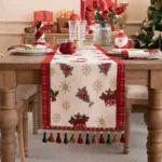 Red and green Christmas table runner with plaid pattern on dining table