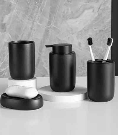 Nordic Ceramic Bathroom Lotion Bottle Press Hand Sanitizer Bottle Mouthwash Cup Toothbrush Holder Black Liquid Soap Dispenser