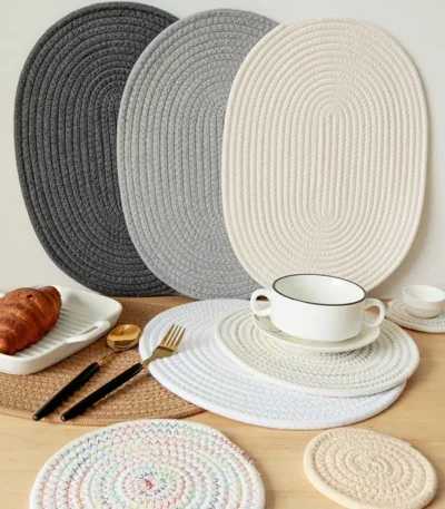 Rope Woven Thermal Insulation Placemat, Home Kitchen Cotton Meal Mat, Dining Table Decor, Cup Coaster, Pot Pad, Europe,
