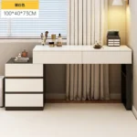 Modern wooden dressing table with mirror and 5 drawers – makeup vanity desk with LED lights and stool in bedroom setting