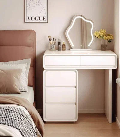 Goldoma modern wooden dressing table with mirror, stool, and two drawers in a bedroom setting