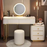 French white wooden dressing table with mirror and stool in a modern bedroom setting