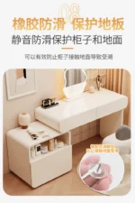 White wooden dressing table with mirror and stool in a modern bedroom setting, featuring LED lighting and organized drawers - Goldoma dressing table with mirror