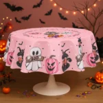 Halloween Round/Traingle Black Pink Tablecloth Pumpkin Spooky Boo Printed Decorative Dining Table Cover for Home Party Decor