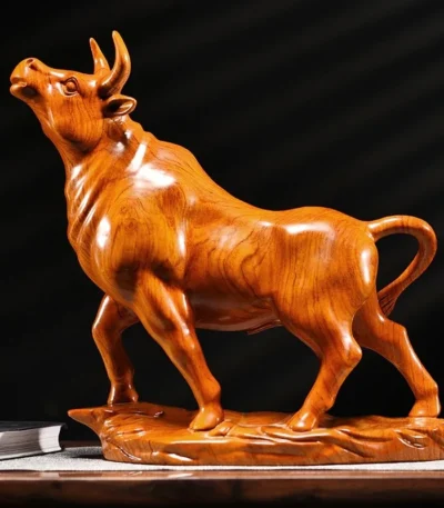 Hand Carved Red Sandalwood Wooden Bull Statue Figurine - Zodiac Ox Power Strength Ornament Home Office Desk Decor Gift