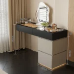 Minimalist modern dressing table with mirror and stool in a bedroom setting with 4 drawers and 4 doors