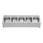 Stainless steel spice rack with 5 pans and lids on kitchen countertop