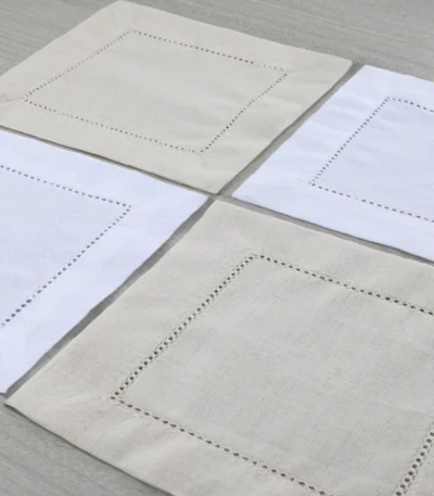100 Pcs Hemstitched Cocktail Napkins 6X6 Inch White Linen Cotton Washable Cloth Napkin Coasters for Wedding Bar Beverage