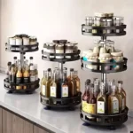 3-tier rotating spice rack filled with spice jars on a kitchen counter, 360-degree view