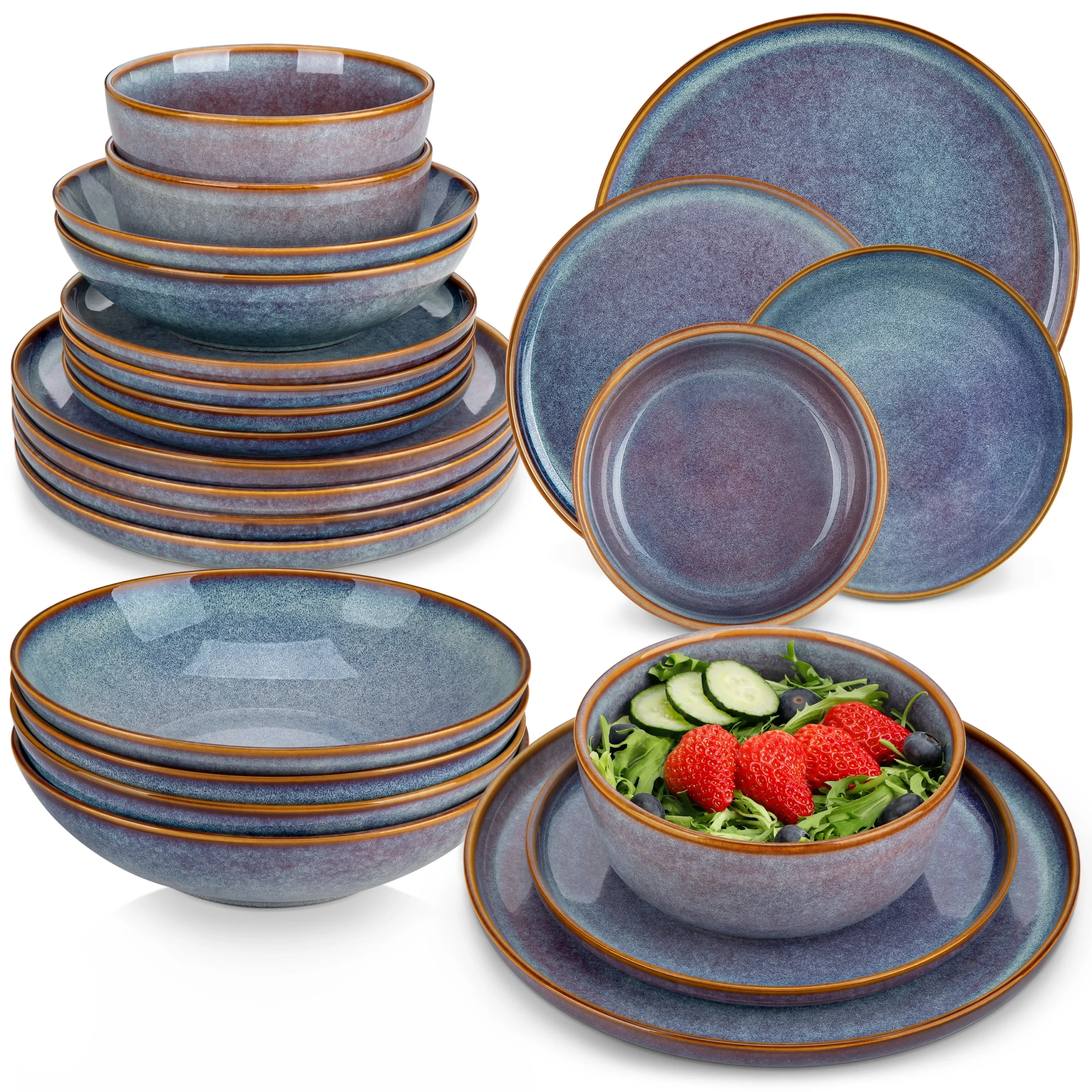 Grey-blue reactive glaze stoneware dinnerware set with plates and bowls on wooden table