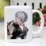 Anime coffee mug with Jujutsu Kaisen Gojo Satoru surrounded by water design on white ceramic