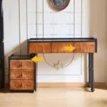 Goldoma ash wood dressing table with mirror and six drawers in a bedroom setting