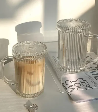 Transparent Coffee Mugs Simple Stripe Glass Cup with Lid Straw Tea Cup Juice Drinking Wine Beer Milk Breakfast Shot Glasses