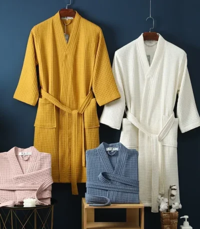 Cotton Terry Robe for Spring and Summer Thin Morning Robe Long Sleeve Waffle Bathrobe Hotel Beauty Bath Towel for Couples