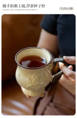 Hibiscus Cup Medieval Relief Tall Mug French Ceramic Coffee Cups Water Cup Large Capacity Milk Cup, 300ml – angled view