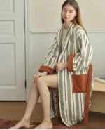 Color Matching Cotton Bathrobe Striped CottonYarn Bathrobes Soft Cozy Absorbent Bath Towel Robes V Neck Hooded Loose