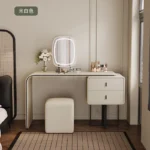 modern extendable dressing table with mirror and stool in a bedroom
