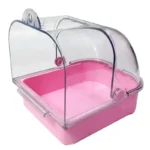 Clear shower room style bird bath tub with a parakeet bathing inside.