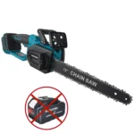 Cordless brushless chainsaw cutting a log in a garden