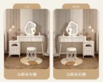 Modern wood makeup vanity table with mirror, drawer, and stool in a bedroom setting