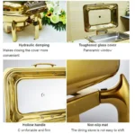 Elegant gold chafing dish set with glass lid window and hydraulic soft-close mechanism