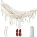 Bohemian Style Double Hammock with Tassels Canvas Fabric Thickened Ropes & Carrying Bag Max Weight Capacity for Outdoor