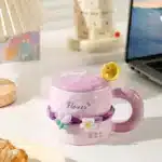 Girls Household Lovely Flower Ceramic Cup with Lid Spoon Advanced Mug Tulip Cup – styled in a modern Tabletop setting
