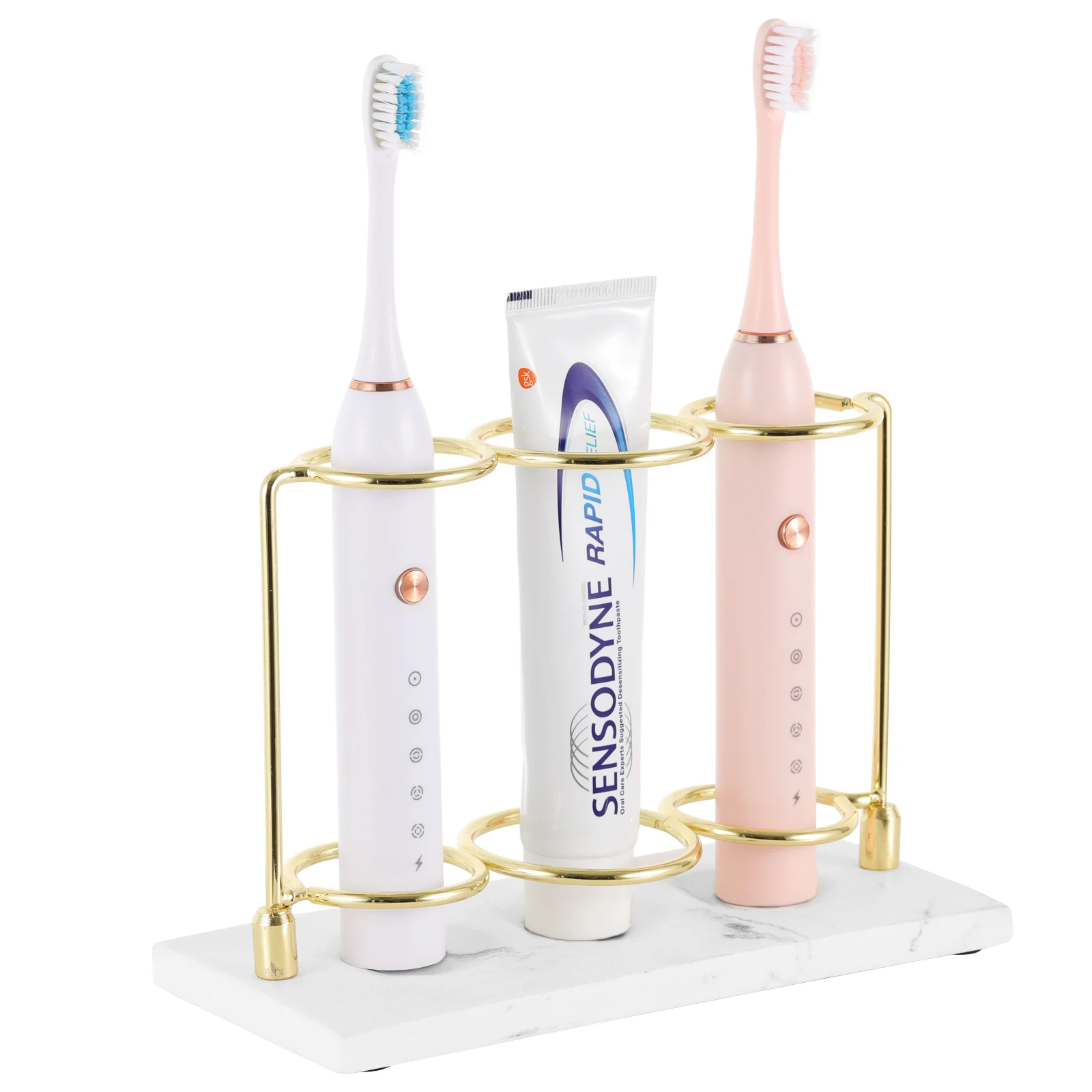 White resin electric toothbrush holder with 3 slots on a marble bathroom countertop.