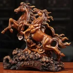Wine cabinet with resin horse statue, dark wood finish, placed in a living room corner near a window.