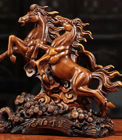 Wine cabinet with resin horse statue, dark wood finish, placed in a living room corner near a window.