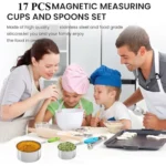 Goldoma 17-piece stainless steel measuring cups set with magnetic spoons on a kitchen counter